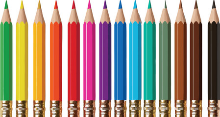 Colored pencil icon set in vertical gradient arrangement with sharpened tips for art supplies, school tools, and creative design themes © Rayhan