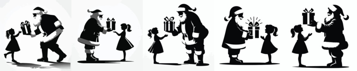 Vector silhouette of Santa Claus sharing Christmas gifts to little girl