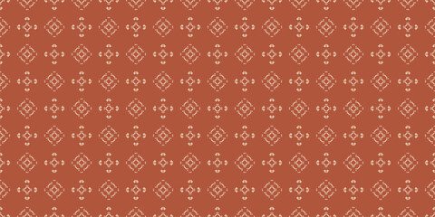 Vector geometric seamless pattern in ethnic style. Traditional nordic folk ornament. Background with squares, diamonds, flower silhouettes. Abstract texture in warm colors. Repeated design for textile