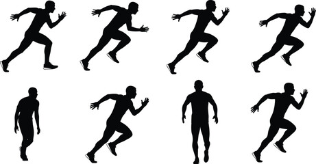 Male silhouette running in dynamic poses, black vector illustration for sports, motion study, athletics, sprint, exercise, training, fitness