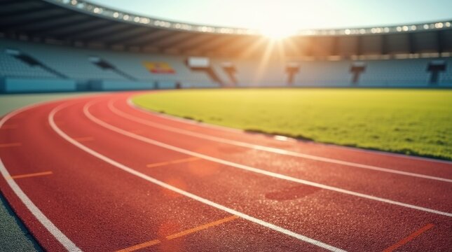 A close-up view of the red running track inside a large stadium at sunrise or sunset