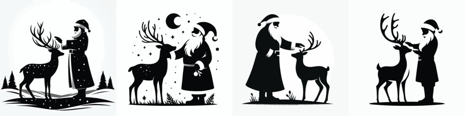 vector silhouette of santa claus with his beloved reindeer