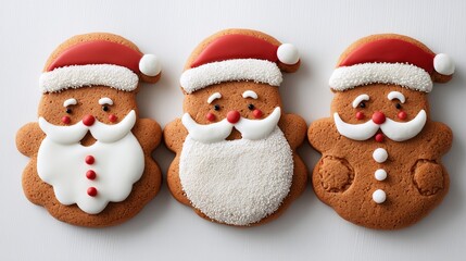 A delightful and mouth-watering studio shot of three freshly baked gingerbread cookies, each intricately decorated as a festive Santa Claus