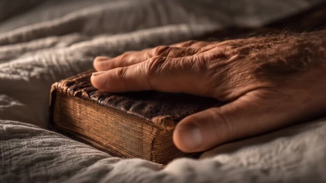 A weathered hand rests gently on an antique, leather-bound book, set against soft fabric