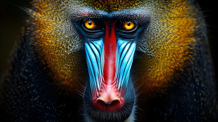 Close-up portrait of a mandrill with vibrant colors for nature and wildlife themes
