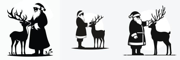 vector silhouette of santa claus with his beloved reindeer