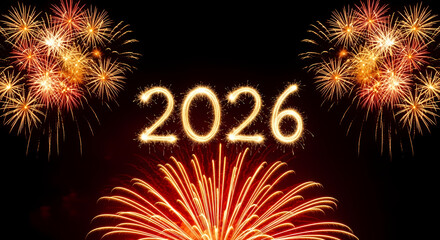 Fireworks display with glowing 2026 text on a black night sky background