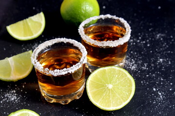 On a black background there is a shot glass with tequila, salt and lime.	