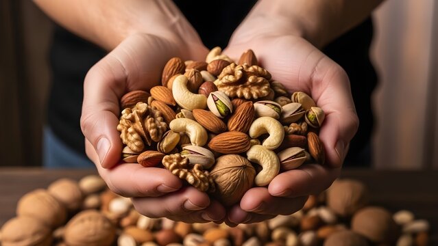 Person holding a generous handful of mixed raw nuts including walnuts almonds cashews and pistachios for snacking