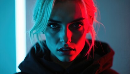 Woman with blonde hair wears dark hoodie. Red and blue neon lights illuminate her face. She looks directly forward with an intense expression. Her makeup is dramatic and striking.
