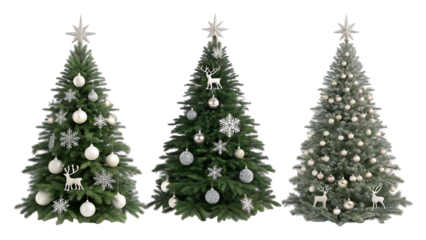 Three decorated Christmas trees stand tall with shiny ornaments isolated on transparent background