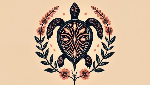 Stylized tribal turtle illustration framed by floral branches. Intricate patterns adorn the shell and limbs, symbolizing nature and spirituality. Artistic, decorative, graphic design element.
