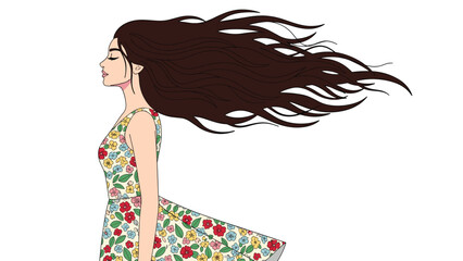 Naklejka premium Beautiful woman with long flowing hair enjoys a breezy day while wearing a vibrant floral summer dress.