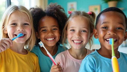 Four happy kids of diverse ethnicities brush teeth together. Children practice good oral hygiene and dental care with colorful toothbrushes. They smile, promoting healthy habits in a bright room.