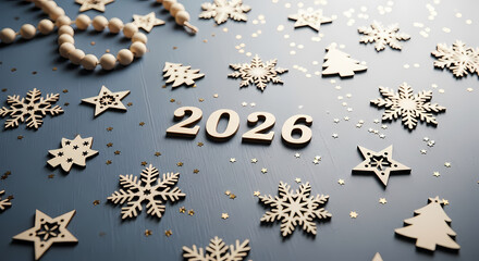 Wooden snowflakes and beads on gray background with 2026 text