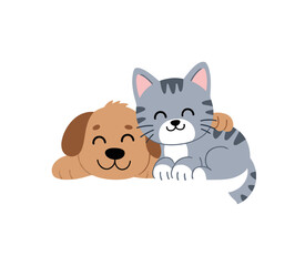 Obraz premium Heartwarming Companionship: An illustration depicting a cuddly canine and a charming feline snuggled together, embodying friendship and affection. 