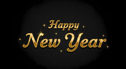 Golden happy new year text on dark background with sparkles