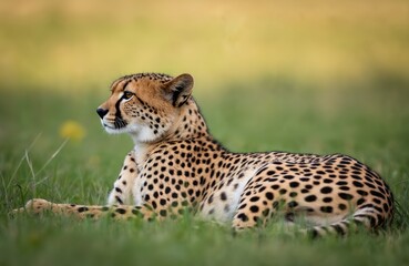 Fototapeta premium Cheetah rests on green grass field. Wild cat turns head left, looking attentively. Spotted feline waits calmly in savanna nature, close up profile view.