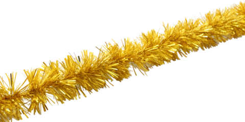 A bright gold tinsel garland stretches across a isolated on transparent background