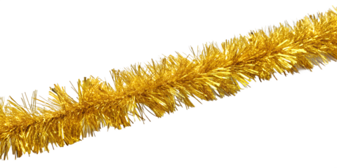 A single gold tinsel garland hangs diagonally across isolated on transparent background
