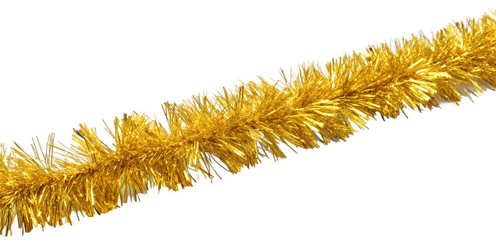 A single gold tinsel garland hangs diagonally across isolated on transparent background