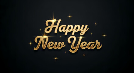 Golden happy new year text on black background with sparkles