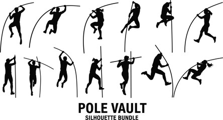 pole, vault, athlete, sport, silhouette, jump, motion, action, dynamic, black, white, icon, illustration, vector, design, symbol, competition, track, field, bundle