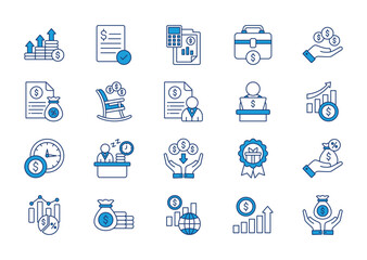 Income thin blue icon set. Containing paycheck, accounting, work, payment, tax, pension, wages, employment, investment