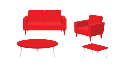 Fototapeta premium Modern red living room furniture set including a sofa, armchair, round coffee table, and square side table is displayed.