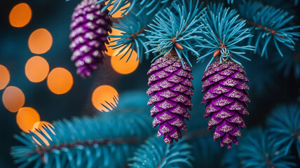 Purple pine cones hanging on blue spruce tree with orange lights