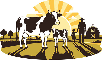 Black and white cow calf farmer and barn at sunrise cow, calf, farmer, barn, sunrise, farm, rural, landscape, black and white, yellow, sun, clouds, trees, grass, field, agriculture, livestock, country