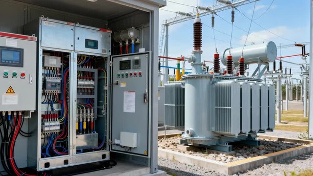 Medium shot capturing hybrid distribution switchgear upgrades combining indoor control systems with outdoor transformers for optimized performance.