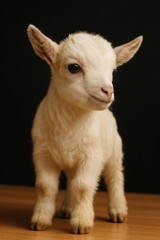 Fototapeta premium A cute domestic baby goat, or kid, stands on a white background and looks towards the camera