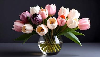 A vibrant bouquet of tulips in varying pastel hues, artfully arranged in a clear glass vase against a dark gray background