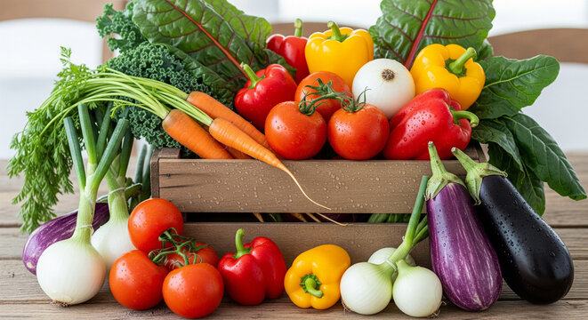 Fresh vegetable assortment in rustic wooden crate on table