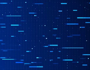 A vibrant, dark blue abstract design with horizontal glowing bars and small white dots scattered across a subtle grid background