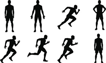 Set of Athletic Man Silhouettes Running Sprinting Standing and Posing for Fitness Sports Workout Wellness Healthy Lifestyle and Active Concepts