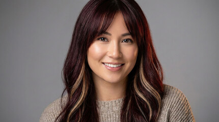Headshot of a smiling diverse woman with cherry cola hair and blonde highlights