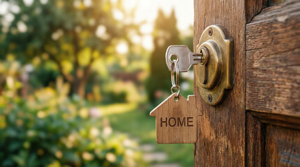 Key in wooden door lock opening to a sunny garden, home ownership concept