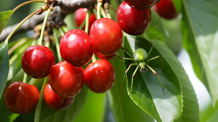 Close up macro photograph of bright red cherries growing on a tree branch highlighting freshness natural fruit growth and healthy summer harvest concept