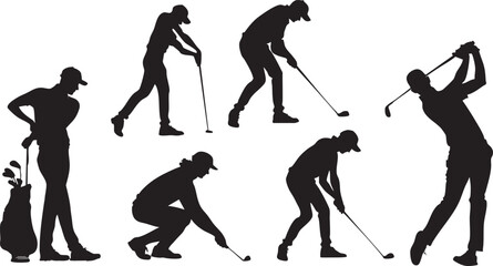 Naklejka premium Set of Black Silhouette Golfer Poses Showing Multiple Golf Actions Including Swing, Putting, Follow Through and Standing Positions in Minimal Flat Vector Style Isolated on White Background