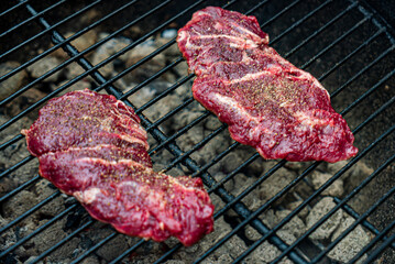 Two well-seasoned steaks cook on a grill surrounded by hot coals, creating a tempting aroma
