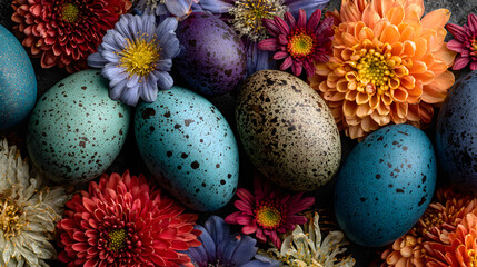 Obraz premium Colorful spring scene with blue eggs surrounded by vibrant flowers