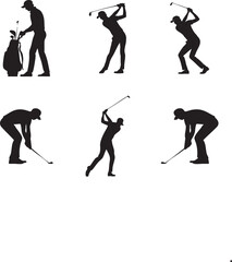 Obraz premium Set of Black Silhouette Golfer Poses Showing Multiple Golf Actions Including Swing, Putting, Follow Through and Standing Positions in Minimal Flat Vector Style Isolated on White Background