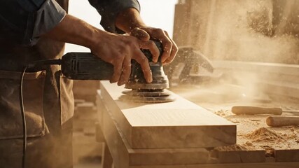 Close up of hands using an orbital sander on a wooden plank in a workshop with golden sunlight illuminating dust particles flying in the air and a carpenter wearing a denim apron