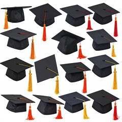 Assortment of black mortarboard graduation caps with orange/yellow tassels