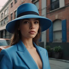 modern urban Young woman in blue suit and hat on a street 