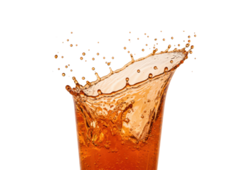 high-speed macro photograph of translucent, effervescent citrus orange soda liquid forming an intricate crown splash against a transparent background. concept for premium beverage advertising