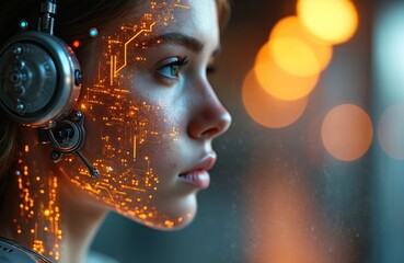 Woman face with glowing circuit patterns and futuristic headphones. Augmented reality interface visible on skin. Thinking about future tech and ai.