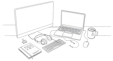 overhead view of modern workspace (monitor, laptop, keyboard, headphones, mug) in continuous black line art on a transparent background with copy space, concept of focused productivity